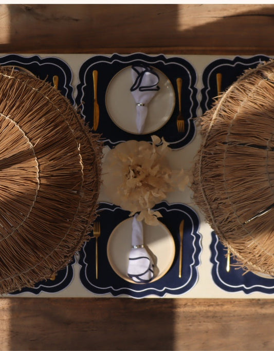 Linen Table Placemet and Napkins Set with Embroidered Scalloped Edges